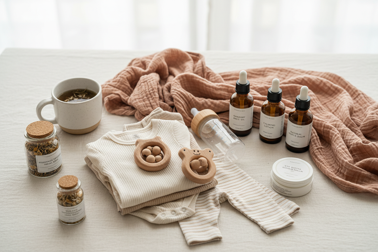 Give me a soft image of natural and nontoxic pregnancy and baby items